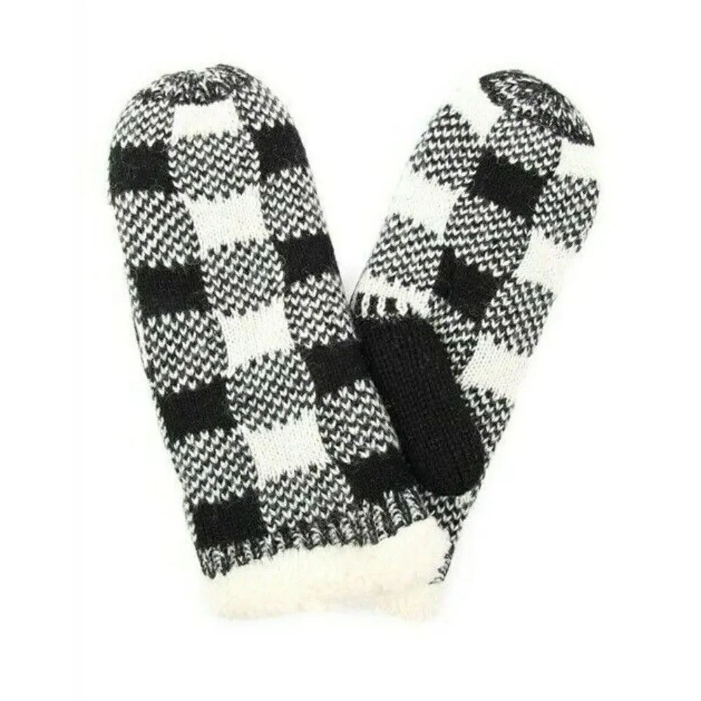 Women's Mittens Sherpa Black Gray & White Buffalo Plaid Winter